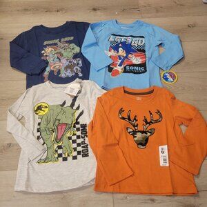 4 Toddler Boys Long Sleeve Shirts Tops Sz 3T Superhero Sonic Dinosaur Hunting